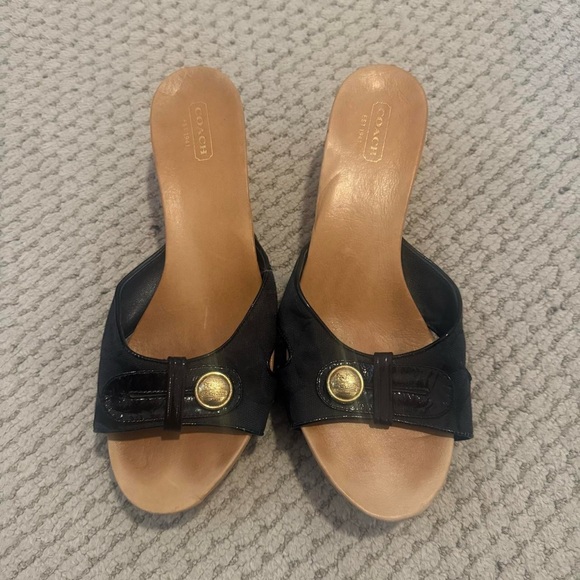 Coach Black and Tan Mules with Studded Strap - Picture 1 of 6